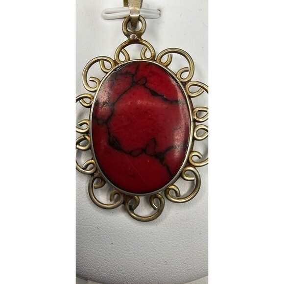 Red Jasper and Silver Flower Pendant Stamped Mexico 2"Lx1 1/4"W - Picture 2 of 4
